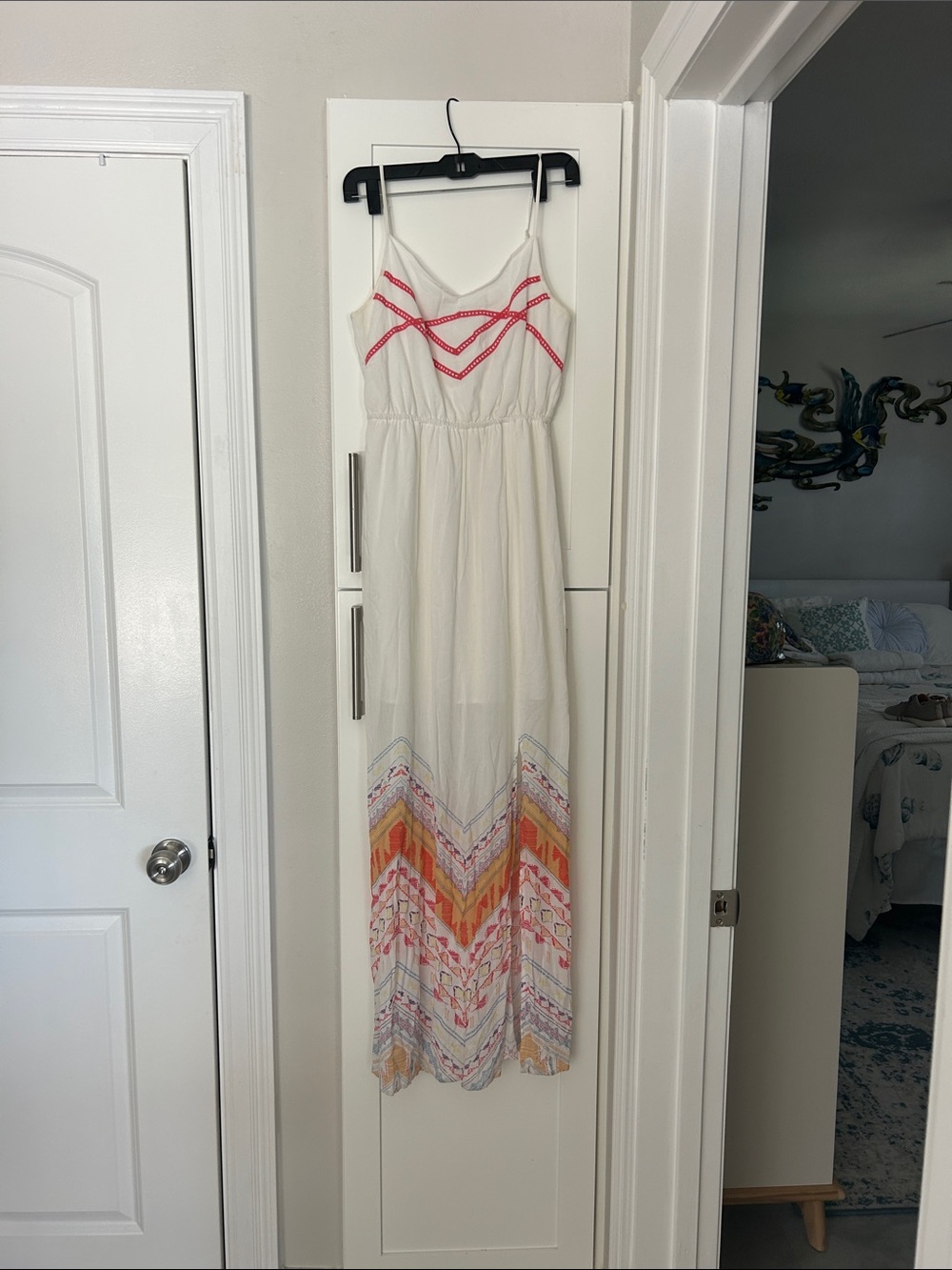 Maurices White Maxi Dress with Pink & Orange Chevron Embroidery